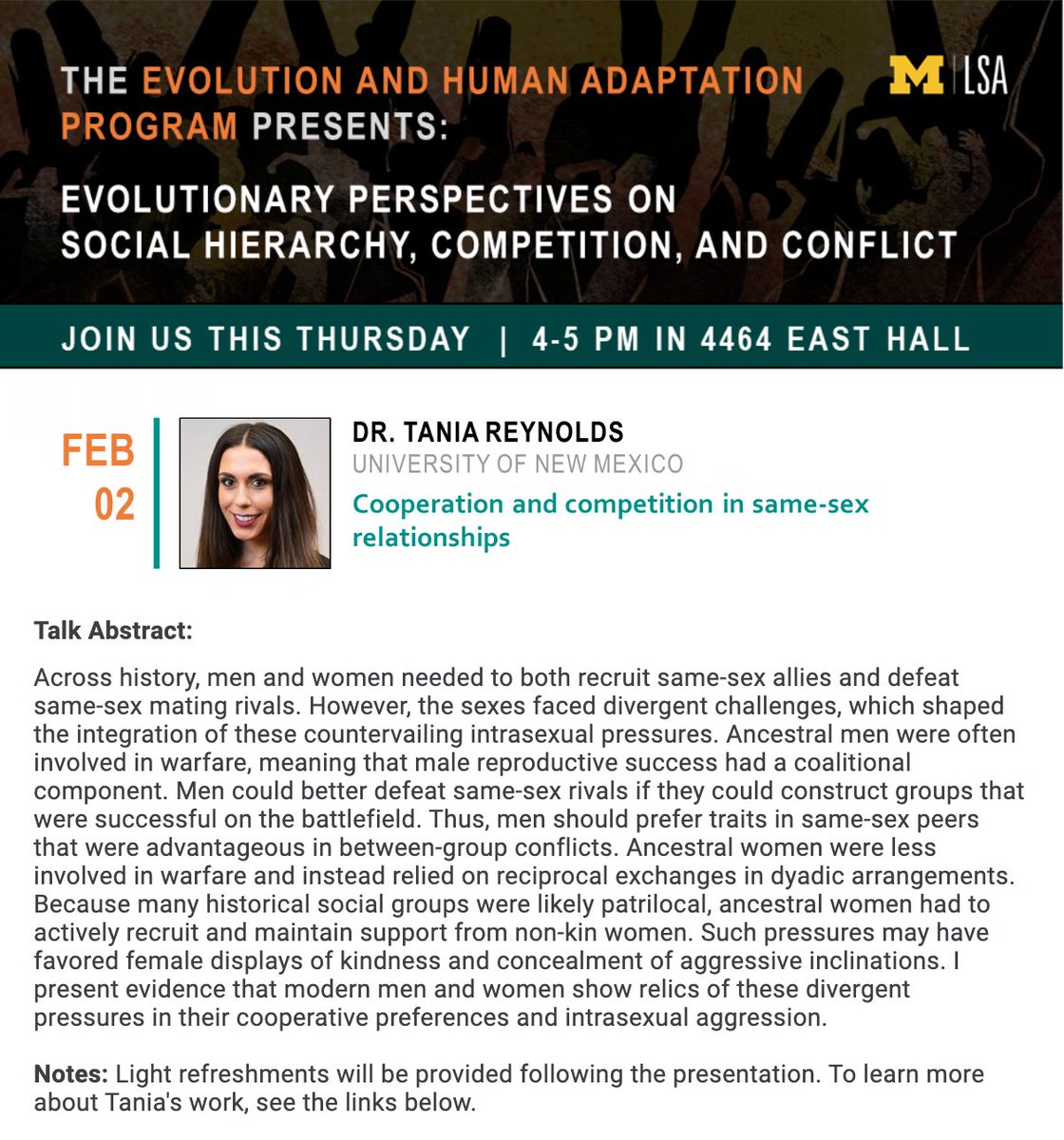 Join us this Thursday for the next talk from the EHAP Lecture Series! We are excited to hear from @TaniaArline on Cooperation and Competition in Same-Sex Relationships! Once again, we will be in room 4464 East Hall.