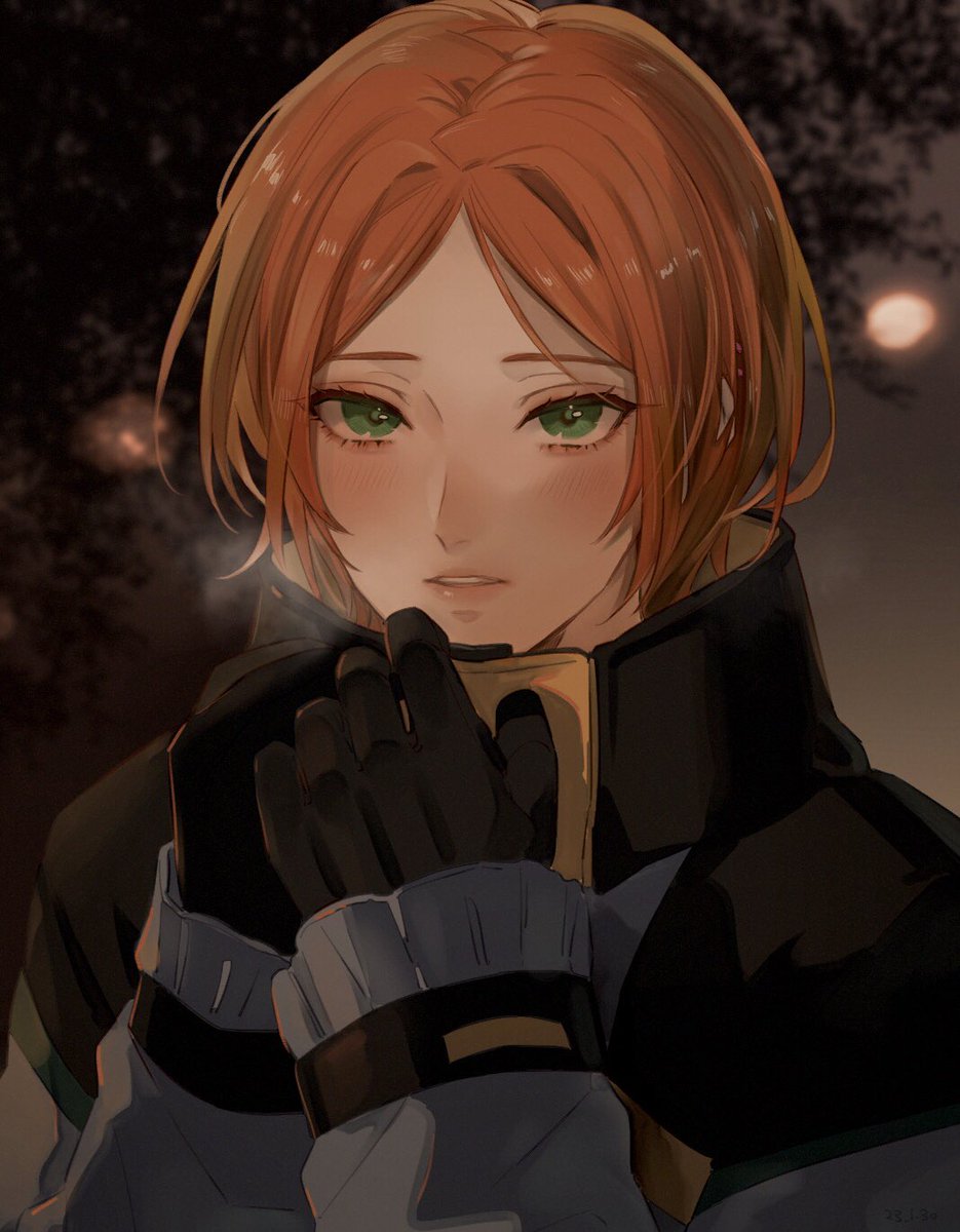 1boy blush gloves green eyes looking at viewer male focus orange hair solo  illustration images