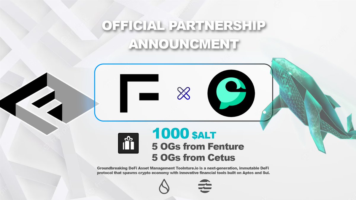 FentureFinance's tweet photo. Partnership announcement with @CetusProtocol 

🤑Airdrop 1000 $ALT, 5 OG from @FentureFinance and 5 OG from @CetusProtocol 

Complete ALL Tasks in this @crew3xyz  to win 🔥

https://t.co/6kKKctCAq0

50 Winners 🚀

 #Aptos #AptosLaunch #Sui @AptoslaunchIO https://t.co/talOs0YPJ2