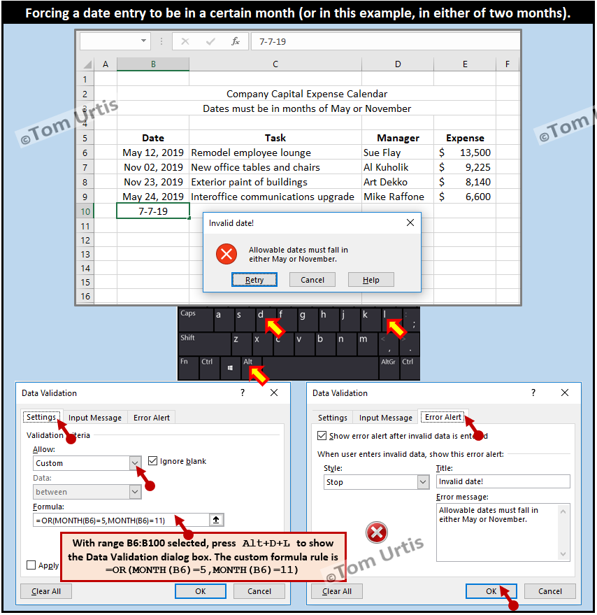 TomUrtis's tweet image. Forcing a date entry to be in a certain month (or in this example, in either of two months). #TomsTips4Excel