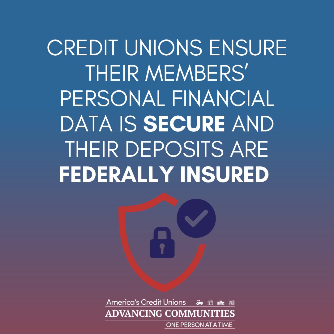 Credit unions ensure their members’ personal financial data is secure and their deposits are federally insured. #AdvancingCommunities