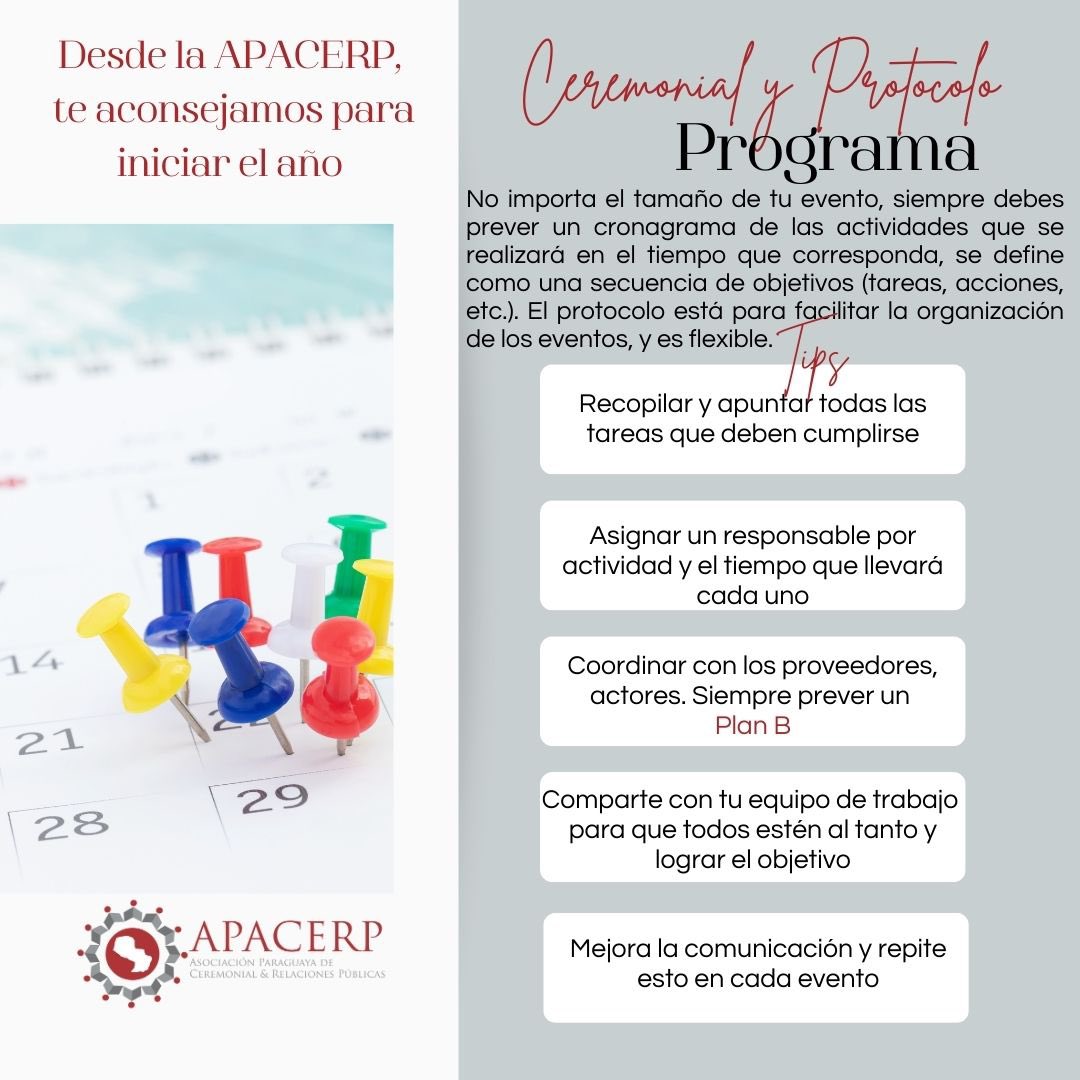 ☑Desde la APACERP, sugerimos siempre realizar un cronograma de acciones que debes tener en cuanta para alcanzar el objetivo de cada evento y lucirte con la organización 🤲🇵🇾 

Programa, cronograma, timing, desarrollo de actividades