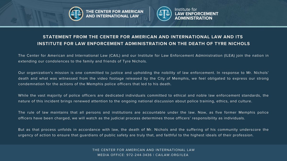 Statement from <a href="/CAIL_LAW/">The Center for American and International Law</a> and <a href="/ILEA_CAIL/">ILEA</a> on the death of Tyre Nichols.

Read on the website: bit.ly/3DrGoOW