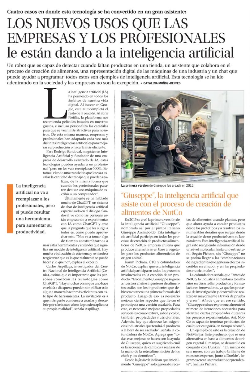 cen_ia's tweet photo. Te invitamos a leer la nota publicada por @ElMercurio_cl sobre cómo la #IA se está convirtiendo en una gran herramienta para profesionales y empresas. Para la nota fueron entrevistados los investigadores @cen_ia Carlos Aspillaga y Karim Pichara de @notcous 👇 https://t.co/ueMKTPJPHd