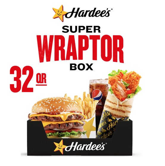 HardeesQatar's tweet photo. Our Super Wraptor Box will have you seeing stars! Light up your lunch table with our iconic Super Star beef burger, hand-breaded Wraptor, side of fries and Pepsi for 32QR. Download the app and order now! #GoAllIn https://t.co/mUnXRvO0v9