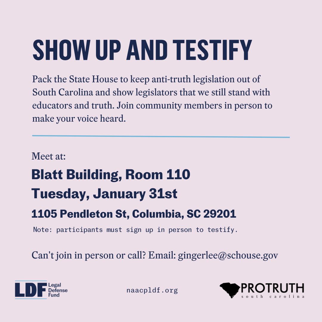 NAACP_LDF's tweet image. South Carolina must focus on the real educational needs of students. H. 3728 contains harmful provisions that seek to prevent public educators from teaching the full truth. 

Join community members in person to make your voice heard.

naacpldf.org/sc-protruth/