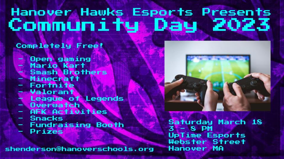 HHSesportss's tweet photo. Hawks Esports Community Day - March 18th @UptimeAcademy - Save the date! Retweet and repost far and wide. https://t.co/hfWWZDZ7RB