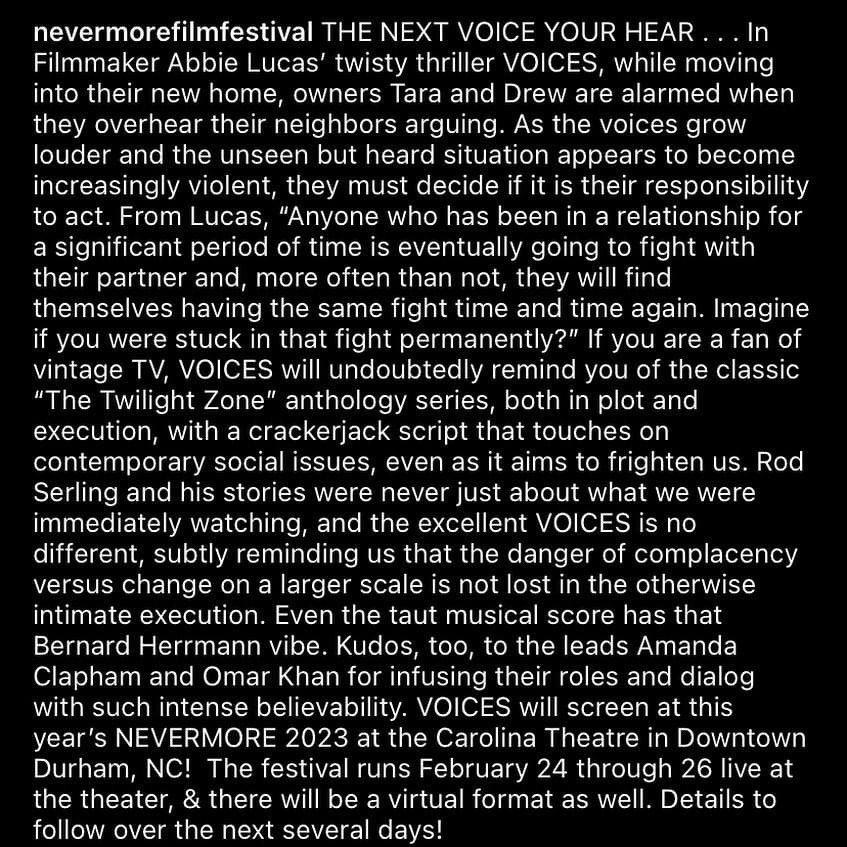 OmarStrikesBack's tweet image. ‘Quoth the Raven Nevermore’. Delighted for Voices to have been selected by one of the great horror film festivals in the world @NevermoreFF Thank you for the selection and the amazing review. We can’t wait to share our film with North Carolina in February. #actorslife