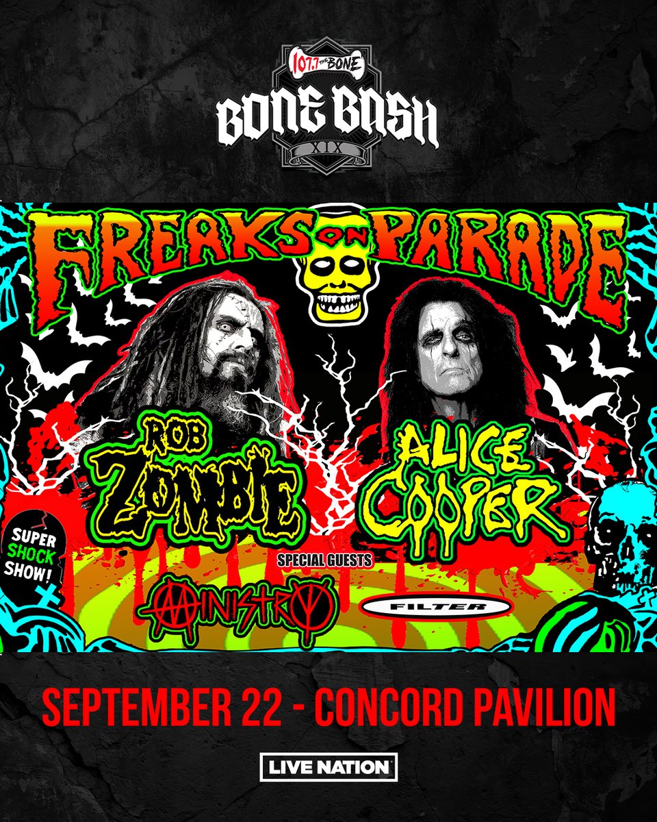 1077TheBone's tweet photo. Last year we brought back #BoneBash and now it’s time to kick it up a notch with @alicecooper @RobZombie @WeAreMinistry and @OfficialFilter on Friday, September 22nd at @ConcordPavilion ‼️

Presale tickets available this Wednesday, 2/1 at 10am 🤘
⬇️⬇️⬇️
https://t.co/79AM9oGuI6 https://t.co/GadFGfBmlc