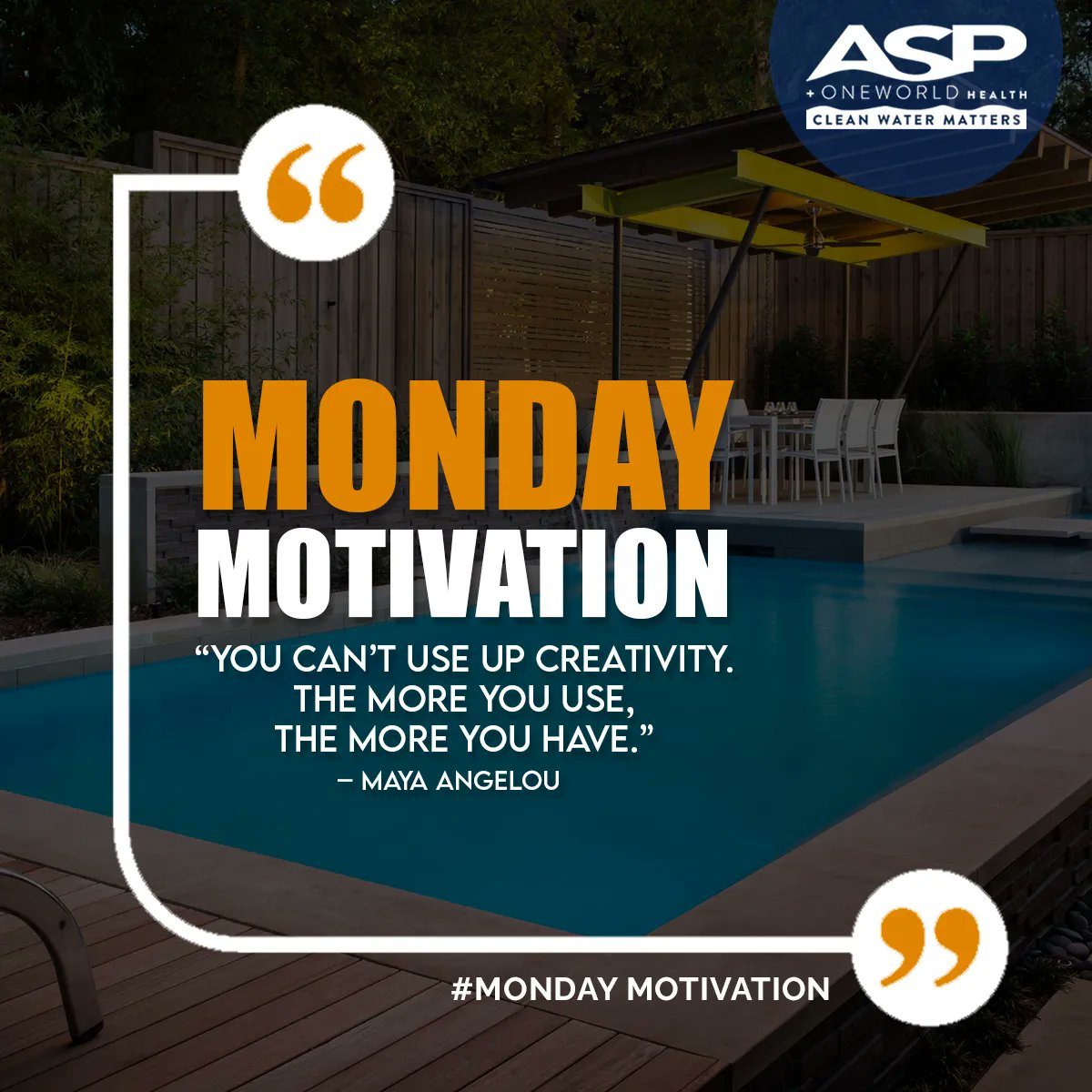 “You can’t use up creativity The more you use, the more you have.” – Maya Angelou 

#ASPDallas #ASPMcKinney #ASPFlowerMound #CleanWaterMatters #MondayMotivation #Inspiration #Mondayvibes #SwimmingPool #PoolRepair #PoolRemodel #PoolRenovation #Richardson #Allen 😊🏊