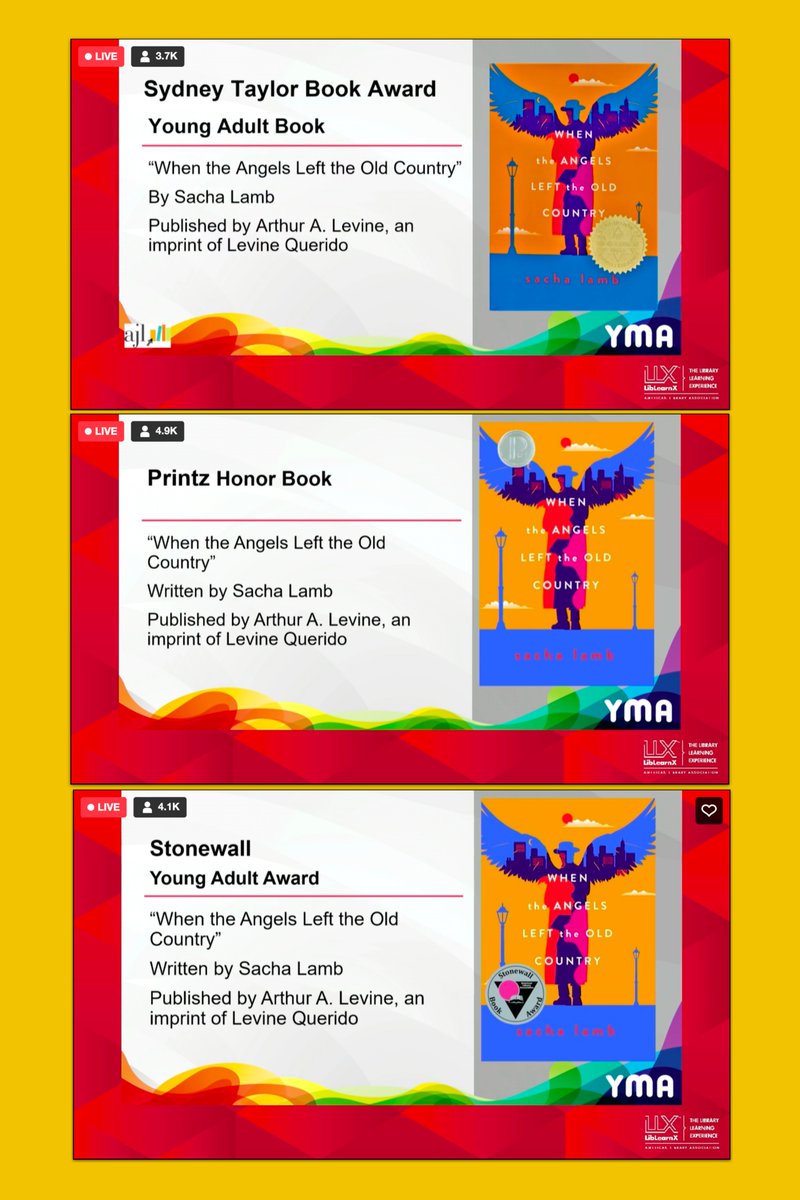 Sydney Taylor Young Adult Book Award
Printz Honor Book
Stonewall Young Adult Award

WHEN THE ANGELS LEFT THE OLD COUNTRY

Congratulations!

<a href="/mosslamb/">Bayram Mentzel‍🏢</a>  <a href="/LevineQuerido/">Levine Querido</a> #BookTwitter #YALSA #Jewish #LGBTQIA