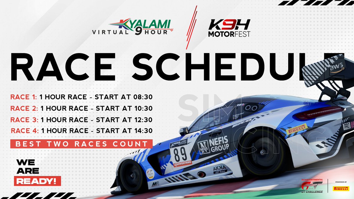 Tomorrow the registrations for the Virtual Kyalami 9 Hour opens and this is how the race will work 👊

With loadshedding hitting 🇿🇦, we have 4 race slots of each one hour. Your best two races will count for the overall results.

 I #vK9h I #K9h