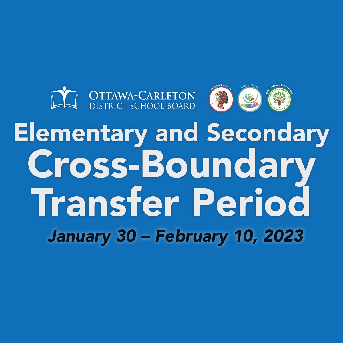 Reminder: The cross-boundary transfer application period for elementary and secondary students runs from today, January 30, until February 10. Learn more on our website: ow.ly/aYHh50Myk9z