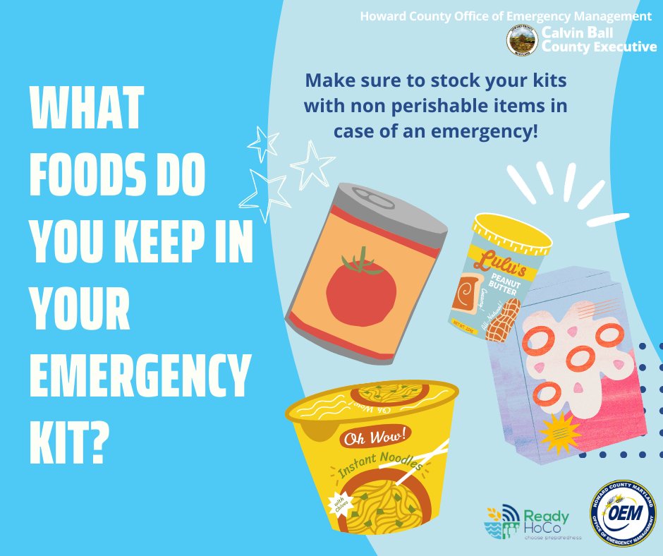 HoCoOEM's tweet image. Every emergency kit needs non-perishable food items! Ready-to-eat canned foods, peanut butter, dry pasta cereal or granola, and protein bars are all great options for your kit. Comment below with foods you keep in your kit! #ReadyHoCo #PrepTips