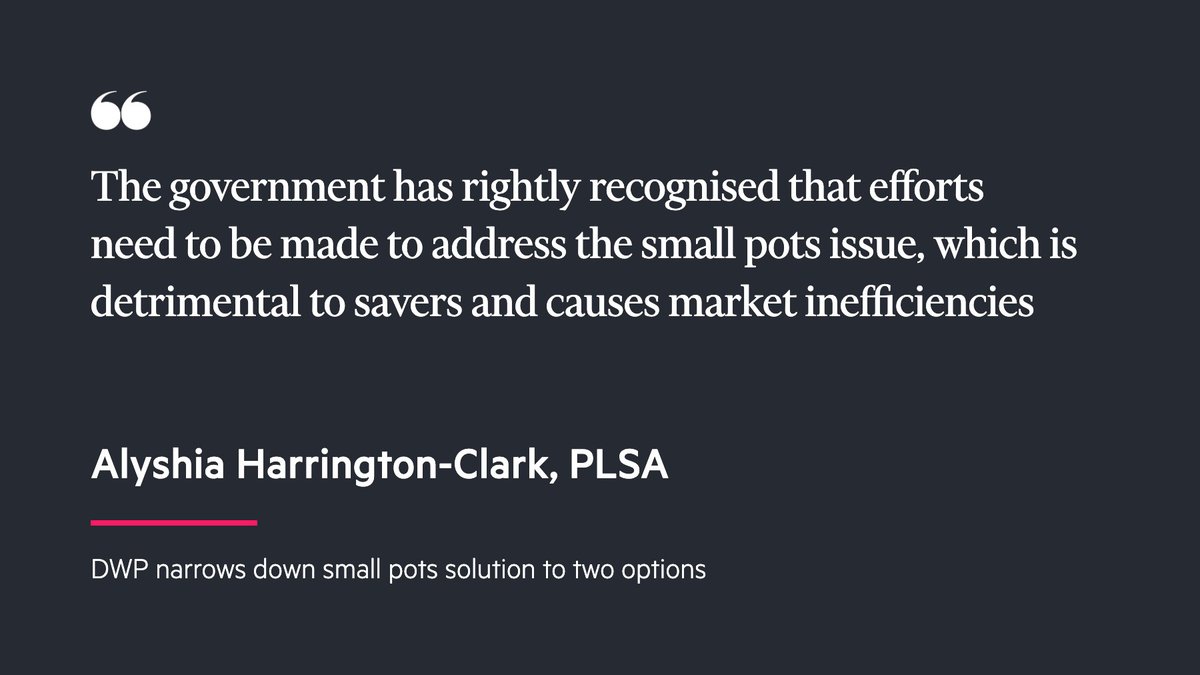 pensions_expert's tweet photo. The Department for Work and Pensions has narrowed down the solution to the small pots issue to either the creation of default consolidators or the introduction of pot-follows-member legislation - https://t.co/GJO3xiCI16
@DWP
@AllieFHC
@ThePLSA
#smallpots #PotFollowsMember https://t.co/bVYvIook3k