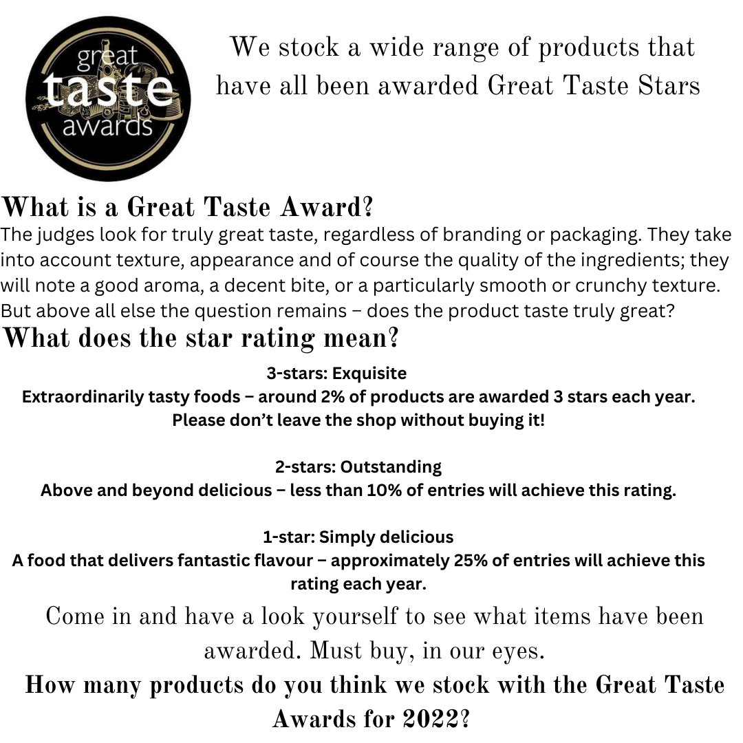 We are so pleased to announce, we stock a wide range of products that have won a Great Taste Award. Keep an eye out for product highlights this week. 

How many products do we stock with a great taste sticker on?

#shoplocalsupportlocal #independentbuisness #greattasteawards2022