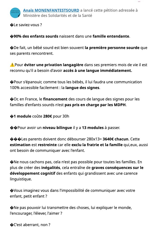 ✍️ Une pétition à signer vite pour la prise en charge des cours de langue des signes pour tous les parents d'enfants sourds 👇
chng.it/ym8G4mxN