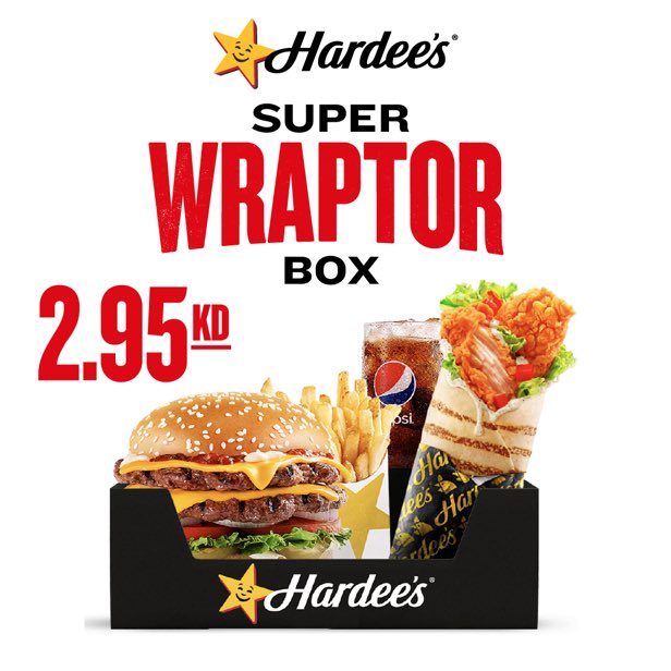 Call for back-up with Super Wraptor Box and get one Super Star beef burger, hand-breaded Wraptor, a side of fries and Pepsi for 2.95KD. Download the app and order now! #GoAllIn
