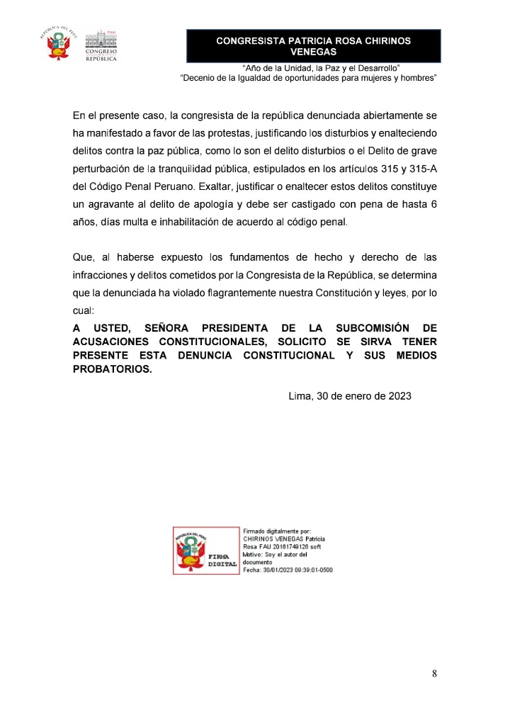 Los hechos dan cuenta q Sigrid B. habría cometido el delito de apología a la violencia y usurpación, ingresando violentamente a la UNMSM, como lo denunció su rectora. Por ello he presentado DC contra la congresista solicitando su inhabilitacion por 10 años de toda función pública