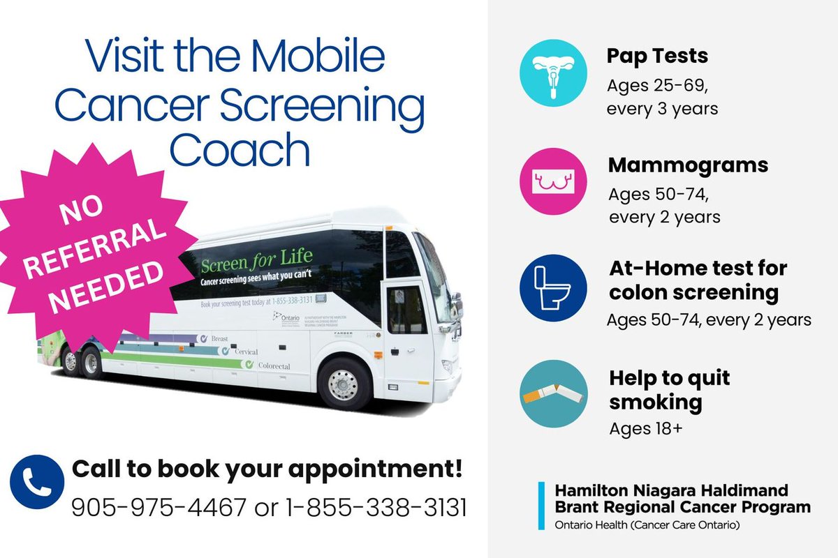 HNHB_Cancer's tweet image. No family doctor? No problem!
Come visit the Mobile Cancer Screening Coach if you need to be screened for cancer. - no referral or family doctor necessary. Call us at 905-975-4467 or toll-free at 1-855-338-3131 to book your screening appointment.
#getbackontrack 
#cancerscreening