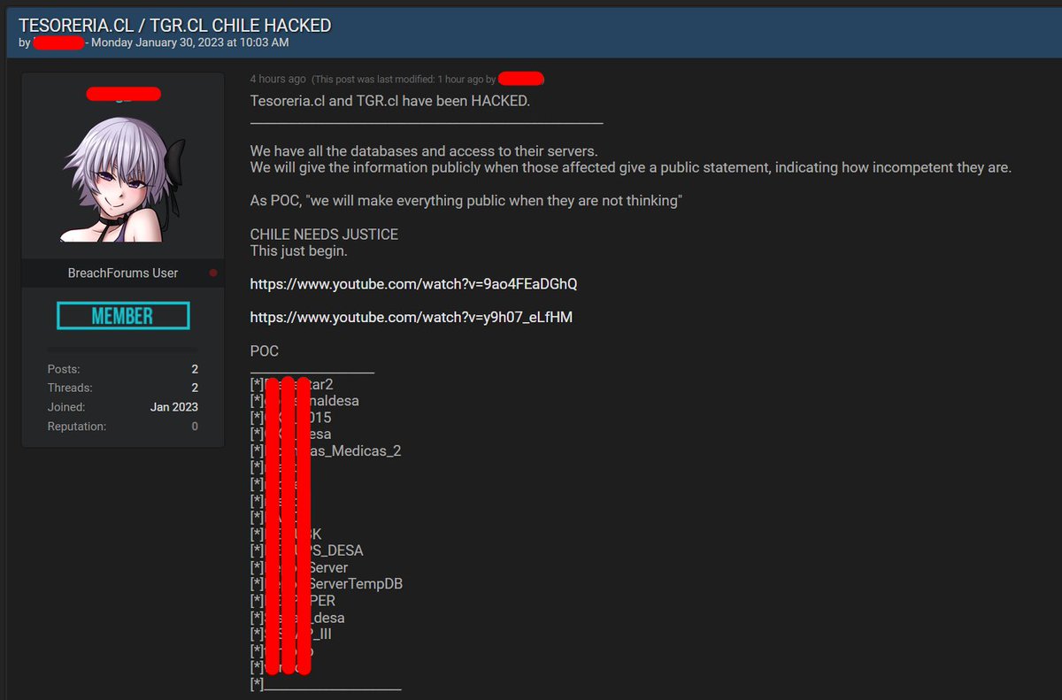 Un nuevo actor de amenazas afirma haber comprometido a la Tesorería General de la República de Chile 🇨🇱 los datos expuestos parecieran venir de la explotación de una vulnerabilidad de inyección SQL. Atento @tgrchile, hay algunos usuarios y proveedor, me parece que deben validar.