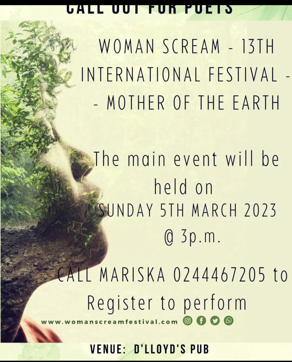 WomanScream's tweet photo. #womanscream2023 in #accra #ghana #accraghana has open call for participation. Contact Mariska Taylor
#womanscream #womenpoets #poetryfestival https://t.co/BU2YGtJa7D