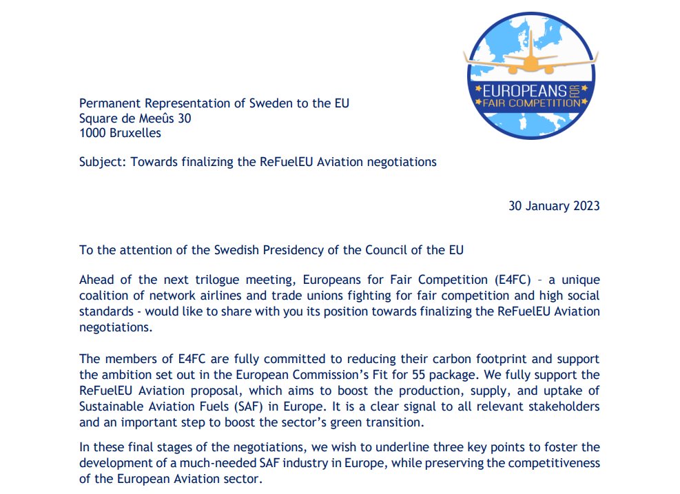 In #Trilogue negotiations on #ReFuelEU Aviation under @sweden2023eu E4FC calls on the following elements to secure fair competition, jobs and sustainable connectivity:
- A harmonized EU SAF mandate across the EU
- Realistic EU SAF mandate levels
- Maintaining strong Review Clause