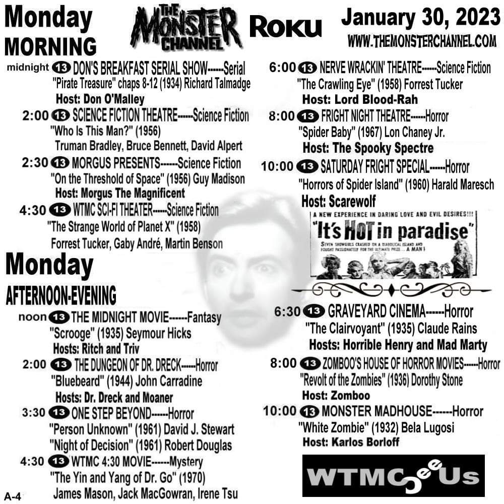 thestevestrout's tweet image. Today's schedule (Monday January 30th) for The Monster Channel is here! Be sure to watch for the Steve &amp;amp; Crypto Show promo while viewing! #SupportHorrorHosts #HorrorHost #SteveAndCryptoShow #promotehorror #TheMonsterChannel #RT