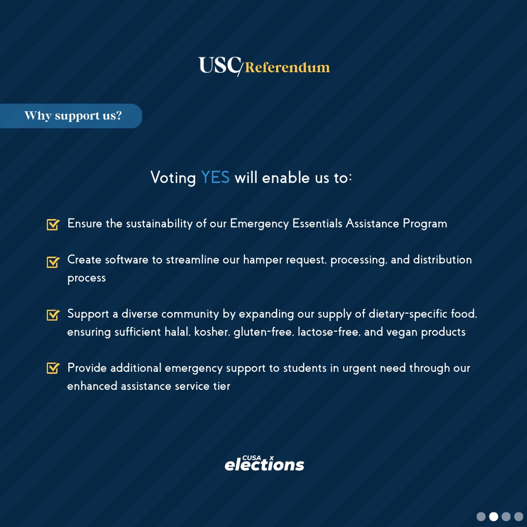 usc_cusa's tweet photo. We're holding a Unified Support Centre levy campaign in response to unprecedented demand for emergency food and essentials related support. 

On February 7th, please vote YES to support the USC's Emergency Essentials Assistance Program! https://t.co/ZHbIonWQbg