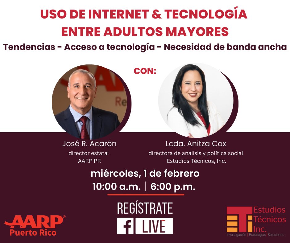 AARPPuertoRico's tweet photo. Entérate de las tendencias recientes de uso de internet entre los adultos mayores, reveladas por un estudio local de AARP. Regístrate el 1 de febrero: 
10:00 a.m. -  https://t.co/O2VjoedLO9
6:00 p.m. – https://t.co/DcIwuNHqgR 
#AARPPuertoRicoInnovacion @AnitzaCox @JoseRAcaronPR https://t.co/TFV53OHZ3V