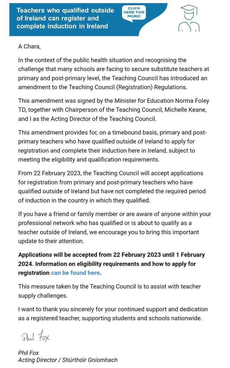 Big change in teaching qualifications in Ireland. 

Teachers who qualified outside of Ireland can now register and complete their induction here. 

It's been taken "to assist with the teacher supply challenges".

No-brainer, really. 

<a href="/VirginMediaNews/">Virgin Media News</a>