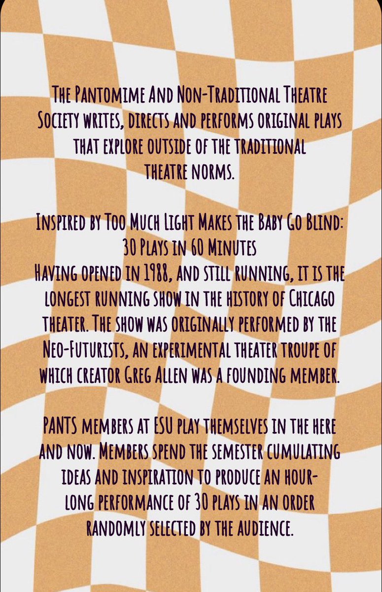 pants_esu's tweet photo. Workshop: Wed. 2/08 @ 5:15 in the Freddy

Auditions: Fri. 2/10 @ 5:15 in the Freddy

Prepare 1 play based off 1 of the prompts &amp; 1 other original (2 plays). Can be 5 seconds-2 mins long. Think about concepts &amp; technical elements. Plays take place in the here &amp; now, &amp; be yourself. https://t.co/67GOoGQHHY