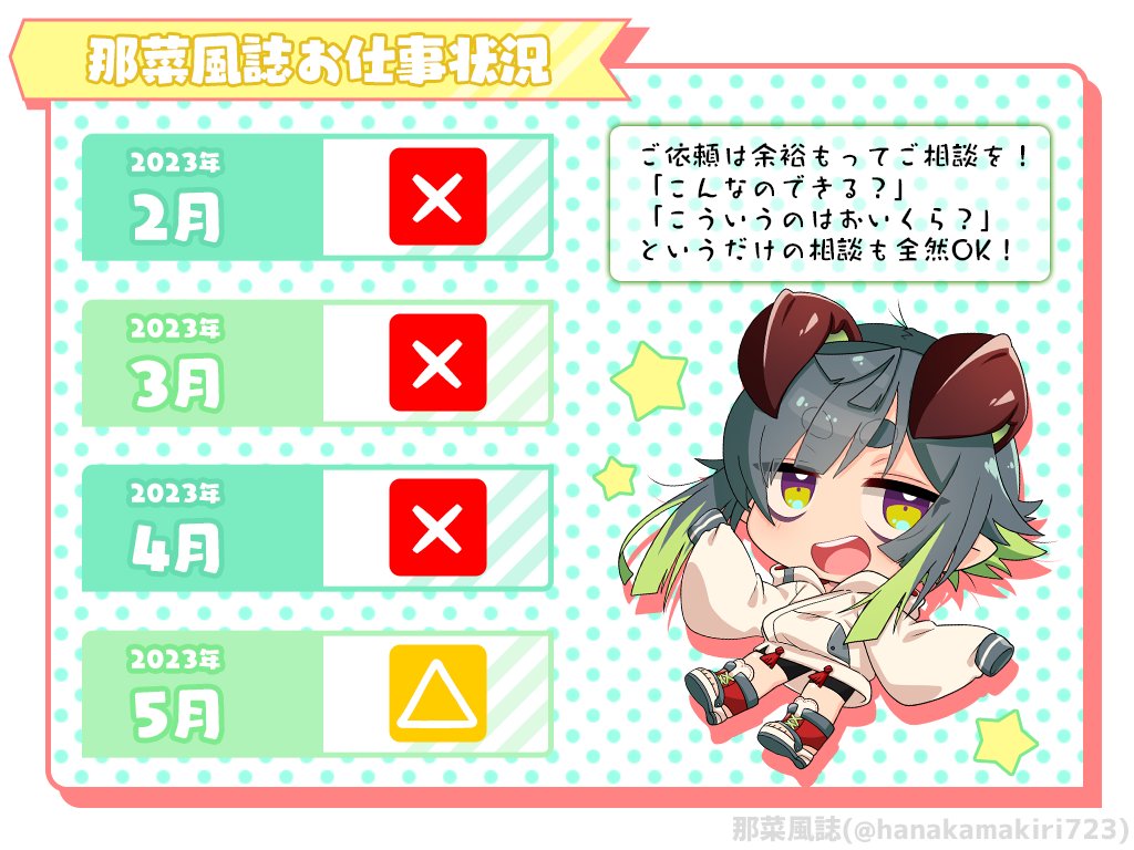 【お仕事状況】2023/02～2023/05(1/31更新)
ご相談はいつでもお気軽にご連絡ください!ご依頼はTwitterのDM、Discord、または下記よりお待ちしております!余裕をもってご相談を!
笑顔のお手伝いをさせてください✨
【tumbler】
https://t.co/SGqVj1PHTF
【skeb】※受付中!
https://t.co/YkM1KZbed2 