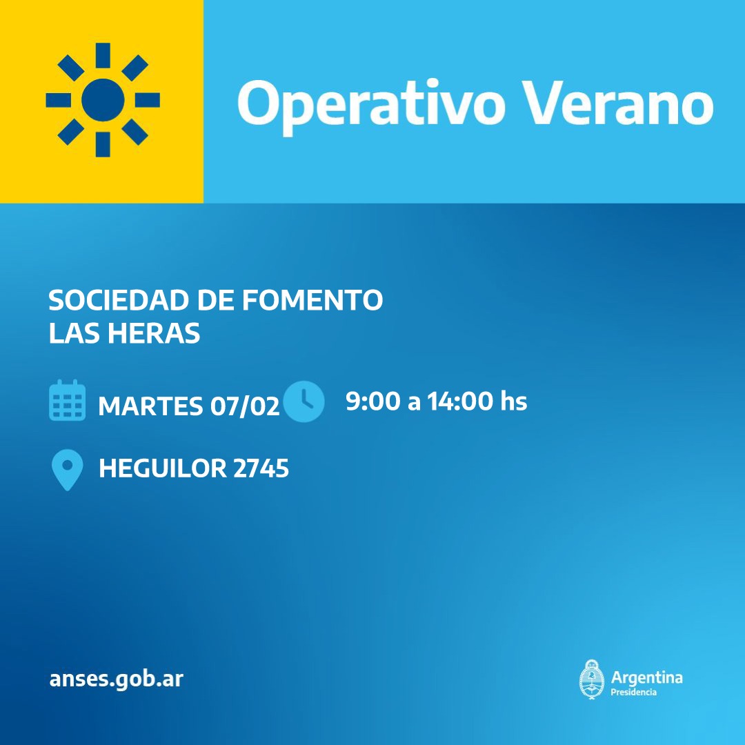 MarcosGutierrez's tweet photo. OPERATIVO VERANO ANSES
FEBRERO 2023

✅ Lunes 6/2
👉🏽Asoc Vecinal Gloria de la Peregrina
✅ Martes 7/2
👉🏽 Soc de Fomento Las Heras
✅ Martes 14/2
👉🏽Asoc Vecinal Playa Serena
✅ Miercoles 22/2
👉🏽 Soc de Fomento Malvinas Argentina

⭐ De 9 a 14hs https://t.co/2pWhF0vPZv
