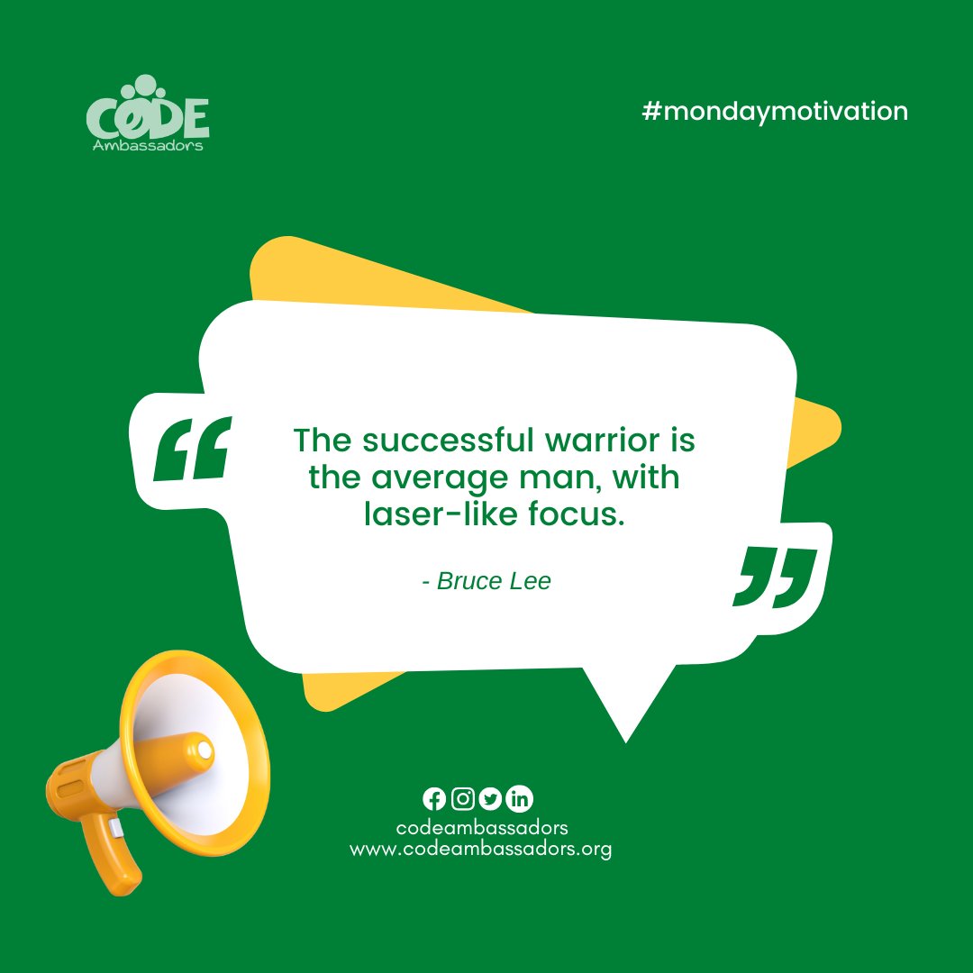 codeambassadors's tweet image. #MondayMotivation💪🏾

&quot;The successful warrior is the average man, with laser-like focus.&quot; - Bruce Lee
.
.
.
.
#codeambassadors
#privatecodinglessons
#weekendcodingclass #codingbootcamp #codingforbeginners