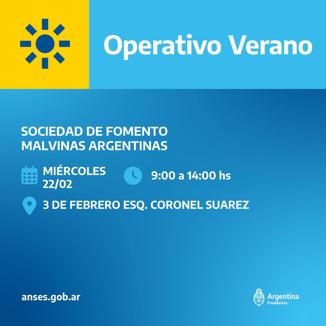 MarcosGutierrez's tweet photo. OPERATIVO VERANO ANSES
FEBRERO 2023

✅ Lunes 6/2
👉🏽Asoc Vecinal Gloria de la Peregrina
✅ Martes 7/2
👉🏽 Soc de Fomento Las Heras
✅ Martes 14/2
👉🏽Asoc Vecinal Playa Serena
✅ Miercoles 22/2
👉🏽 Soc de Fomento Malvinas Argentina

⭐ De 9 a 14hs https://t.co/2pWhF0vPZv