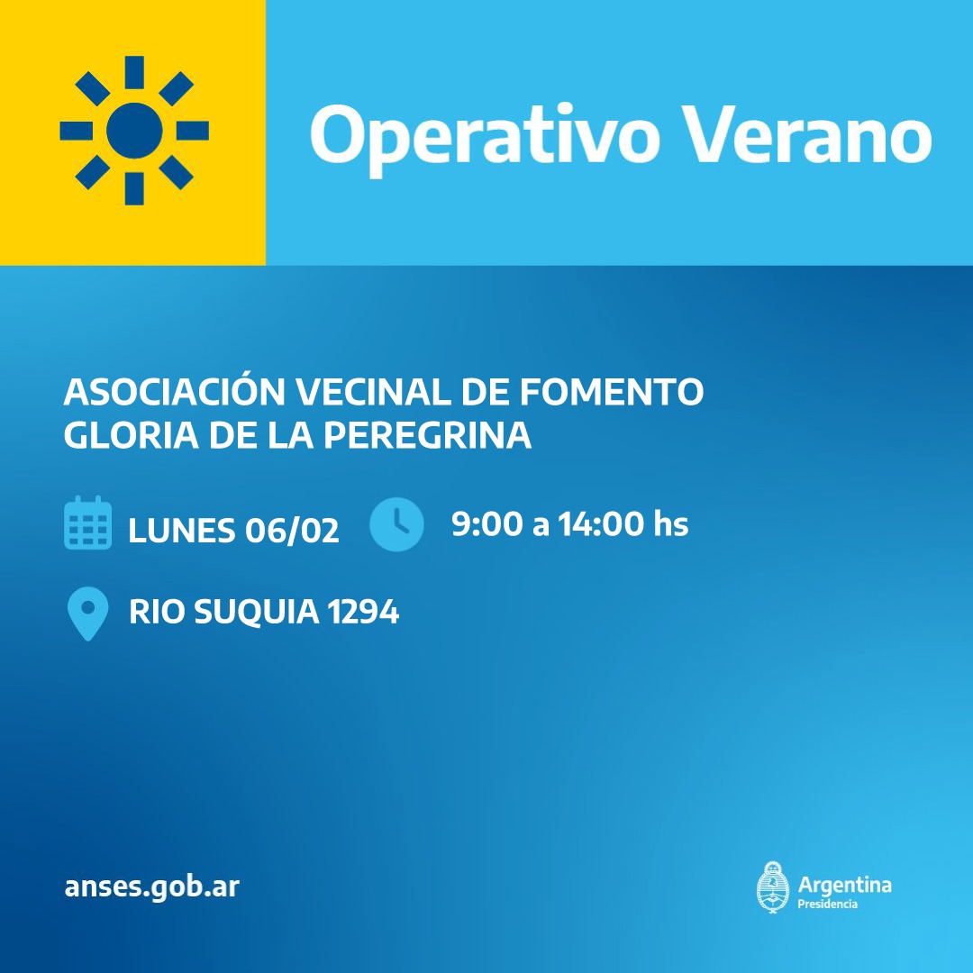 MarcosGutierrez's tweet photo. OPERATIVO VERANO ANSES
FEBRERO 2023

✅ Lunes 6/2
👉🏽Asoc Vecinal Gloria de la Peregrina
✅ Martes 7/2
👉🏽 Soc de Fomento Las Heras
✅ Martes 14/2
👉🏽Asoc Vecinal Playa Serena
✅ Miercoles 22/2
👉🏽 Soc de Fomento Malvinas Argentina

⭐ De 9 a 14hs https://t.co/2pWhF0vPZv
