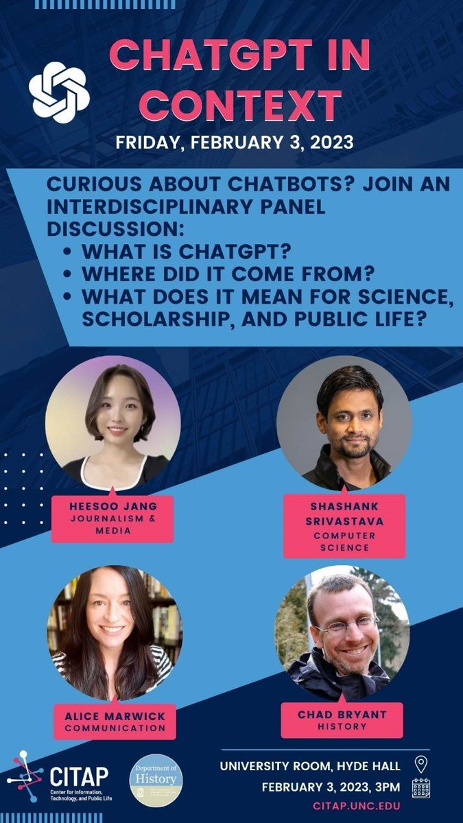 UNChistory's tweet photo. Are you thinking about how AI software impacts higher education? Do you want to learn more about ChatGPT and how professors are responding to this new technology? Join us for this event co-hosted w/@unc_citap on Feb. 3 at 3 pm in Hyde Hall! Details on the flyer. #unchistory https://t.co/JCzE6MsOxe