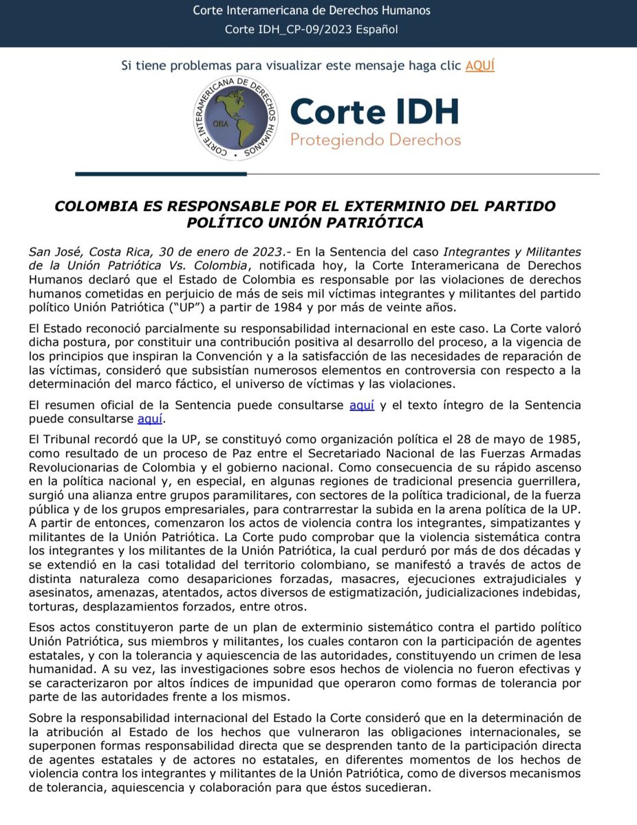 UP_Colombia's tweet photo. Resumen sobre la sentencia contra el Estado Colombiano por el exterminio a la Unión Patriótica! 💛💚 https://t.co/XX1pUcmBCO