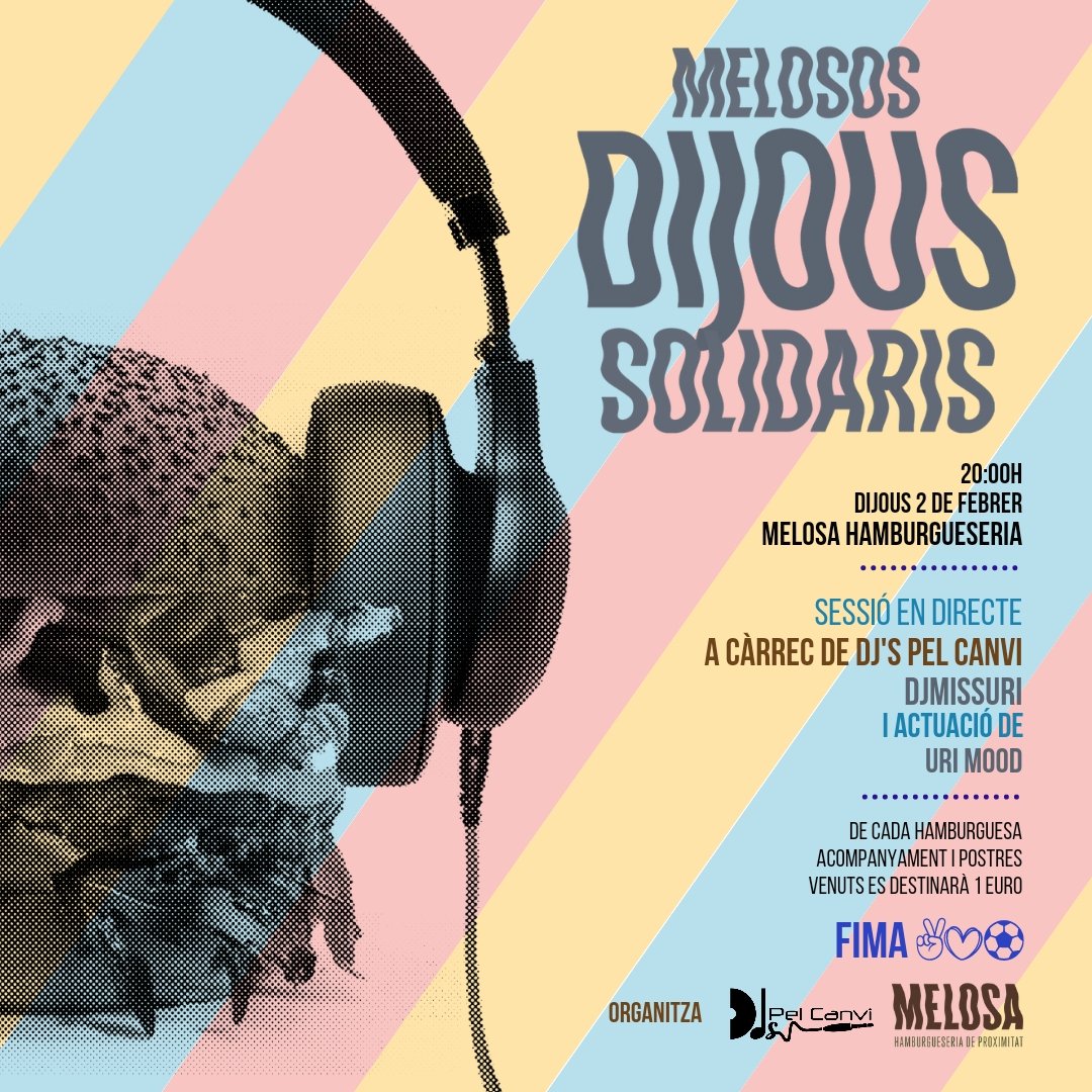 Dijous 2 febrer seguim amb els "Dijous Melosos Solidaris" a @melosahamburgueseria Com sabreu 1€ de cada hamburguesa, acompanyant i postre durant tot el dia anirà destinat al projecte FIMA @fima_fest i la creació de beques esportives.Bona música de la mà de <a href="/MISSURIDJ/">Missuri</a> i @UriMood