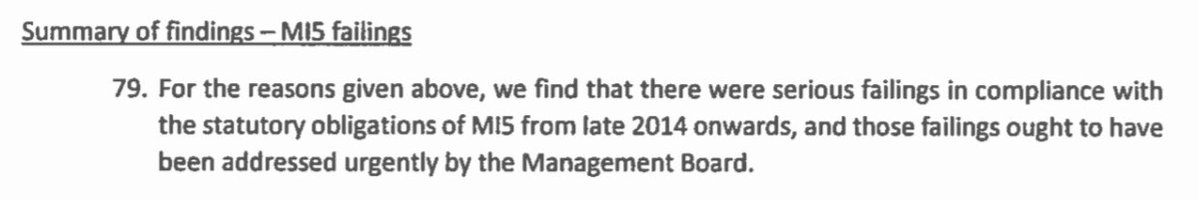 Wide-ranging findings by IPT against MI5/Home Office in judgment on MI5’s longstanding non-compliance with safeguards for handing personal data.

judiciary.uk/wp-content/upl…

1. Serious failings by MI5 in breach of its statutory obligations under RIPA and IPA from late 2014 onwards.