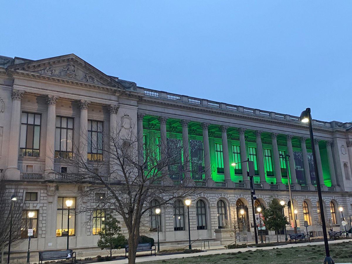 Parkway Central Library lit up green for the Eagles