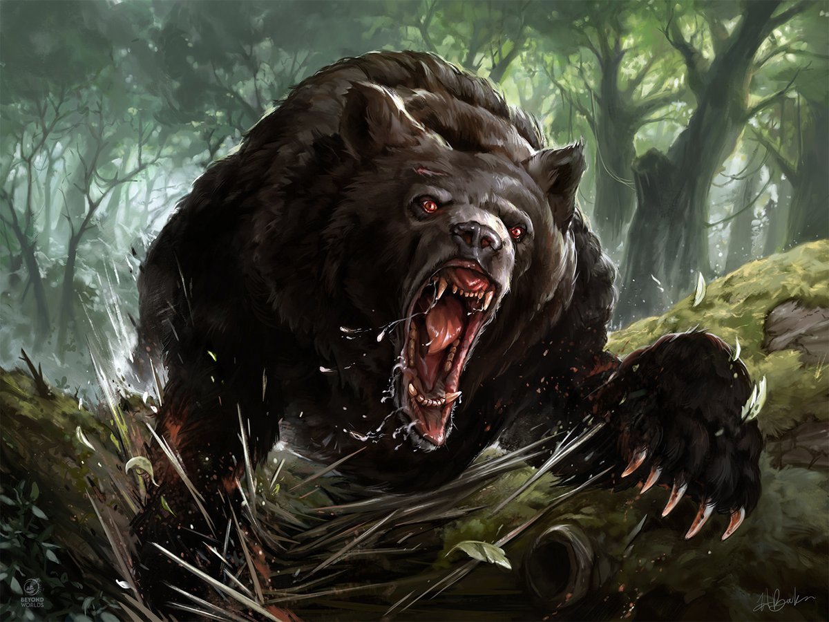 BeyondWorldsDE's tweet photo. We just realised that we haven't shared this great artwork with you yet. It was created by the wonderful @HannalahB last year. It shows a big badass bear in the twilight forest. These boys are really unbearable 💥 #Artwork #FantasyArt #Dystopia https://t.co/FvJTJQjhHL