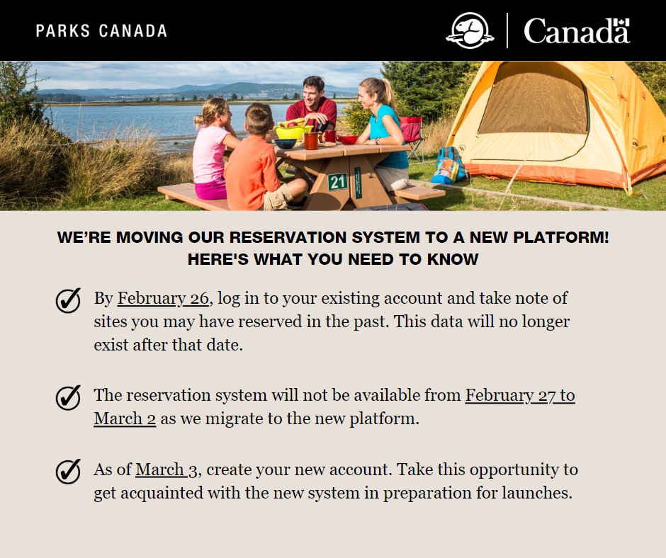 Mark your calendars!🗓 Reservation launch dates for our campgrounds [and/or roofed accommodations] are NOW AVAILABLE➡ parks.canada.ca/voyage-travel/…

⚠ Attention! We’re moving our reservation system to a new platform. See website for details.