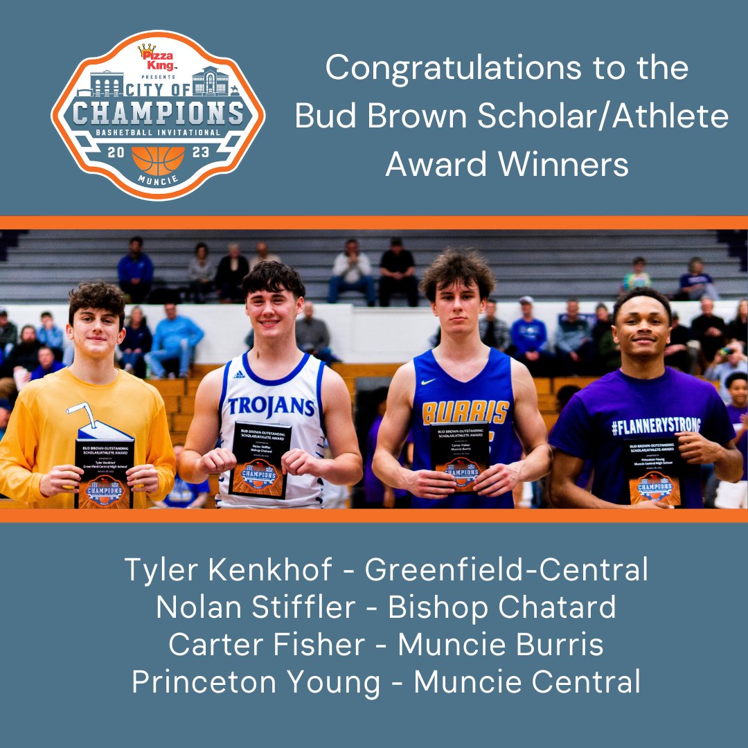 MuncieChampions's tweet image. The City of Champions Basketball Invitational highlights the rich history of basketball in Muncie and one way we celebrate is by recognizing outstanding players from the tournament with the Bud Brown Scholar/Athlete Award and the Ron Bonham Community Impact Award. Congratulat ...