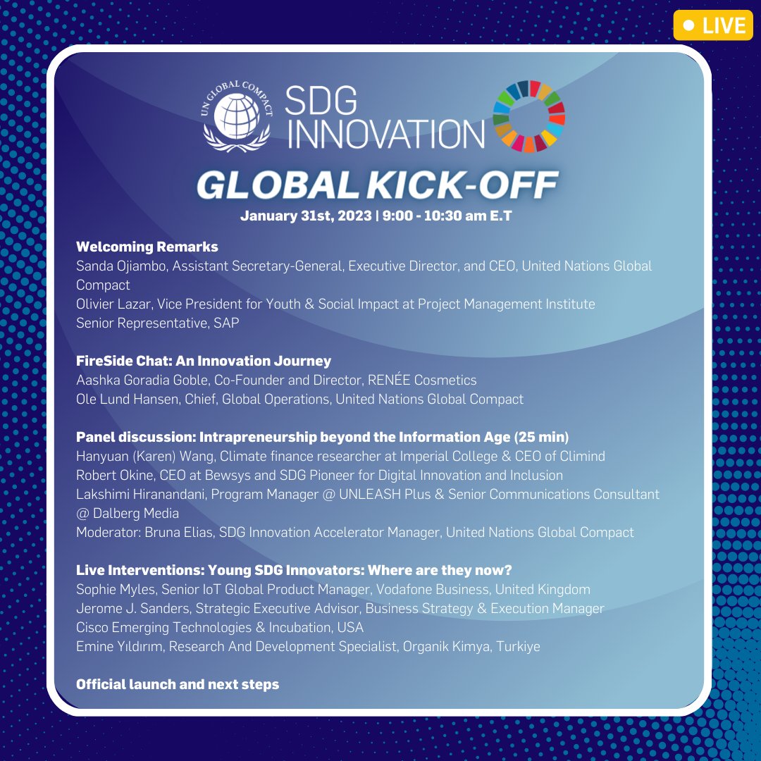 globalcompact's tweet photo. 🗓️ Tomorrow, the #SDG Innovation Accelerator for Young Professionals kicks off 🚀!
The virtual meeting will showcase the power of #intrepreneurship and connect the new Innovators with alums. Register to watch the session LIVE: 👉 https://t.co/0RU2LLFFYN
#UnitingBusiness https://t.co/3Gux0IHHOv