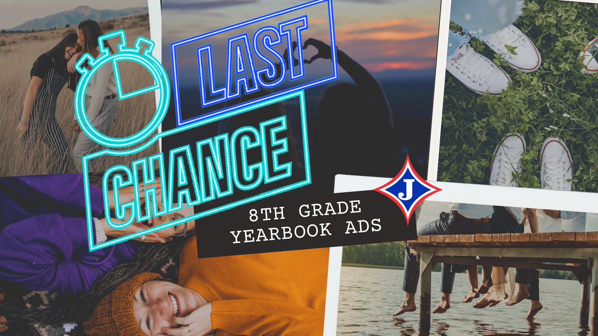 📣 LAST CHANCE for 8th grade yearbook ads! 📣
Submit your design by Tuesday, January 31st. bit.ly/3AYKzzs
#jmsdragons #yearbook2022