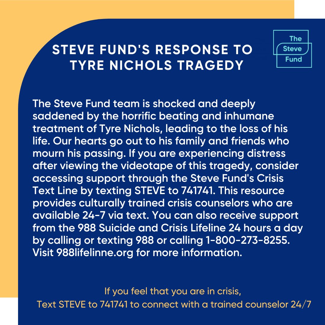 thestevefund's tweet photo. In response to the recent violence perpetrated against Tyre Nichols, The Steve Fund has compiled a list of resources to help you cope with trauma. 

#TheSteveFund
#MentalHealth
#MentalHealthAwareness
#Trauma
#mentalhealthmatters https://t.co/K2nJzQc9M1