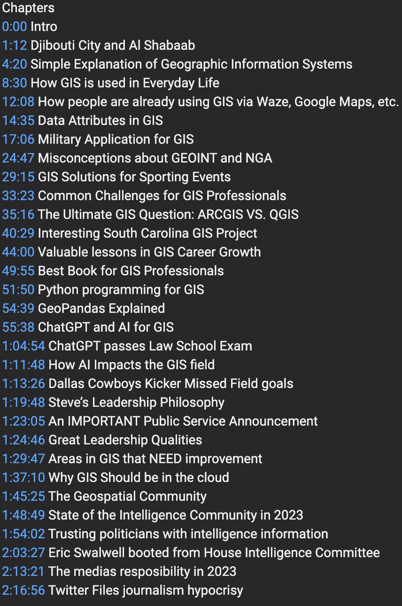 Chapter Breakdown for Episode 5. 

GIS was the main topic but we also spoke about issues in the intelligence community, AI in GIS, Python, and Leadership. 

#gischat #geospatial #intelligencecommunity #Military #ChatGPT 

Watch here: 
youtu.be/SMOpfwydXT8