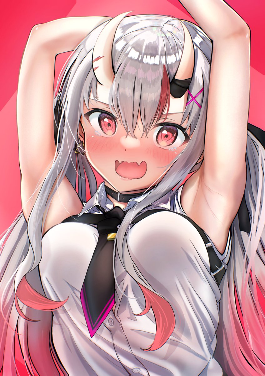 1girl armpits arms up black necktie blush breasts fang  illustration images